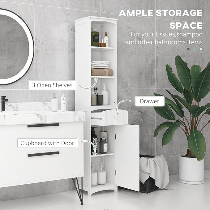 HOMCOM Bathroom Storage Cabinet, Free Standing Bathroom Storage Unit, Tall Linen Tower with 3-Tier Shelves and Drawer, White