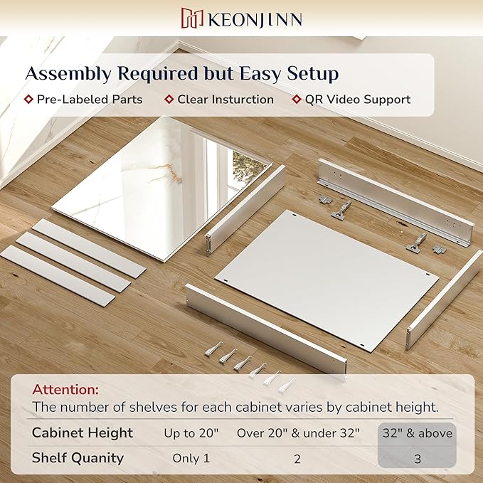 Keonjinn 24 x 32 Inch Silver Medicine Cabinet for Bathroom with Mirror, Assembly Required, Wall Mount or Recessed, Free Adjustable Shelves, Tempered Glass, Lightweight