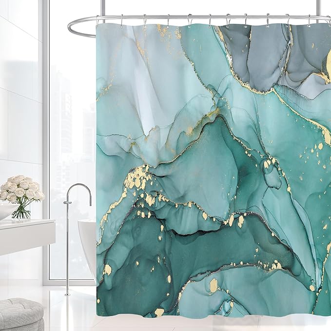 Extra Long Shower Curtain 72 x 96 Inch, Turquoise Floor to Ceiling X-Long Abstract Marble Shower Curtains for Bathroom, Modern Luxury Art Ink Fabric Shower Curtain Set with Hooks