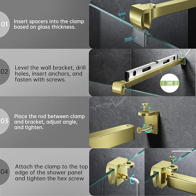 Frameless Shower Door Support Bar, Stainless Steel Wall-to-Glass Support Arm to Fixed Shower Glass Panel, for 1/4"-3/8" (6-10 mm) Door, 180° Pivot & Stow-Flat Mode (Brushed Gold, 31.5-inch(800mm))