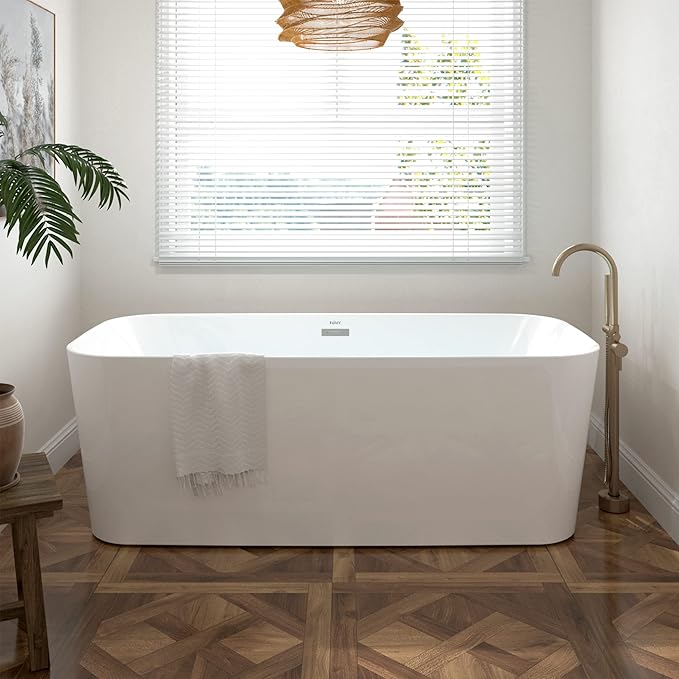 FerdY Maui 67" Freestanding Bathtub Elegant Freestanding Soaking Bathtub, Glossy White, cUPC Certified, Toe-Tap Chrome Drain & Overflow Assembly Included, 02563