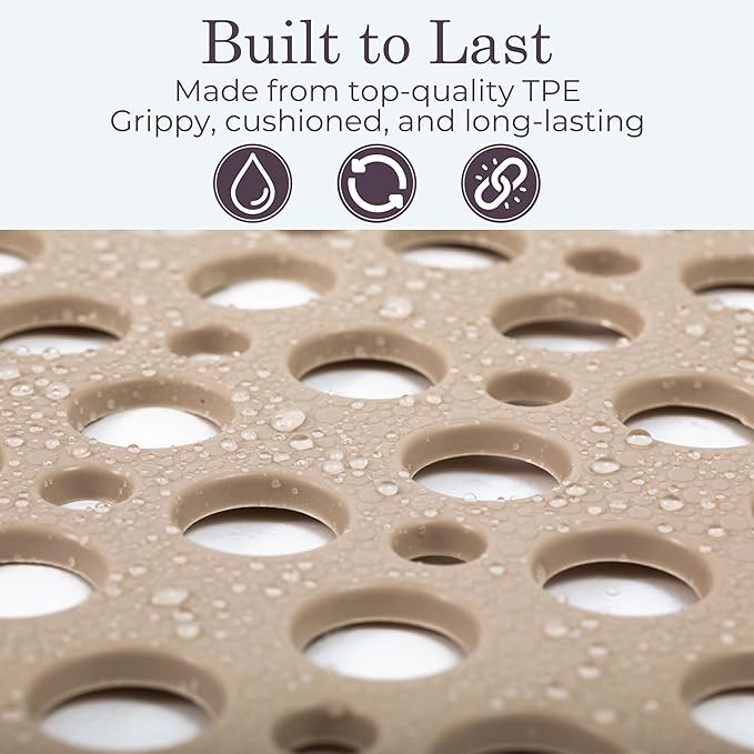 Non Slip Bathtub Mat and Shower Mat Beige TPE Strong Suction Cups Aesthetic Bath Mat for Inside Shower with Soft Texture, Quick-Dry Drain Holes, Spa-Inspired Design 30x17” (75x43 cm)