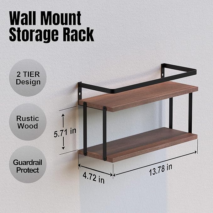 RICHER HOUSE Dual-Level Guardrail Bathroom Shelves, Wood Floating Shelf Wall Mounted, Over Toilet Paper Storage Shelf for Bathroom Wall Decor, Bathroom Organizers and Kitchen Storage - Rustic Brown