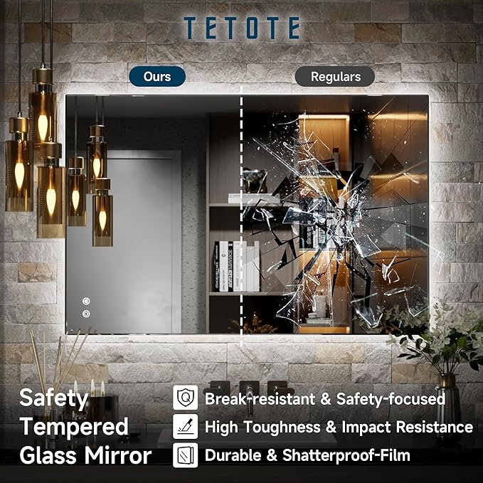 TETOTE 40 x 24 LED Backlit Vanity Mirror Bathroom,3Color White/Warm/Natural,Anti-Fog Lighted Mirror,Dimmable,Wall Mounted