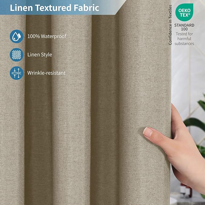 2-in-1 Waterproof Long Fabric Shower Curtain or Liner,Linen Textured,78 Inch Breathable TPU & Washable Bathroom Shower Curtain Set with 12 Plastic Hooks,Modern,72"x78" Khaki