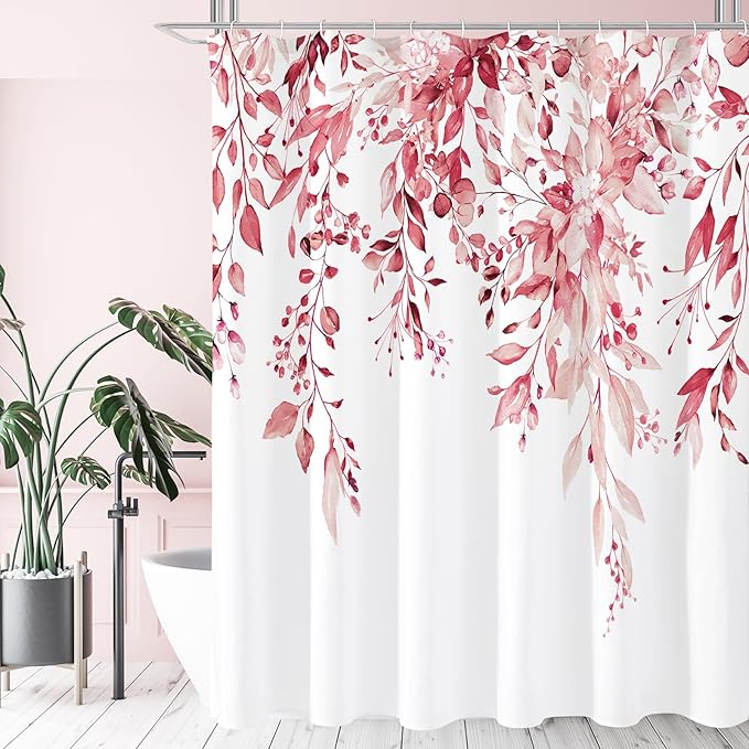 Gibelle Extra Long Shower Curtain 72 x 84, Tall Pink Floral Shower Curtain for Bathroom, Watercolor Plant Eucalyptus Leaves Fabric Shower Curtain Set