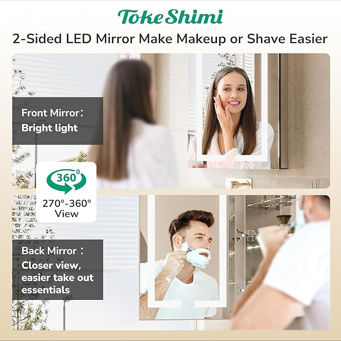 TokeShimi 48x32 Lighted Medicine Cabinet with Mirrored and Sockets, Anti-Fog Surface or Recessed Medicine Cabinet Mirror Led 3 Colors Dimmable, Frontlit Mirror with Storage Bathroom Vanity