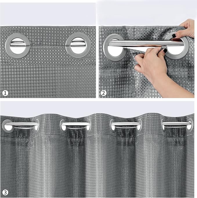 MitoVilla Black Waffle Long Shower Curtain Liner Set 72 x 80, No Hooks Needed 80 inch Long Heavyweight Fabric Shower Curtain Set with Snap-in Liner for Hotel Grade Spa-Like Bathroom Decor