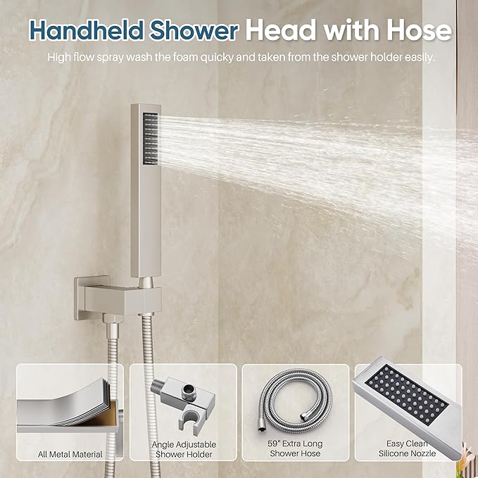 Nickel Shower System, Brushed Nickel Shower Faucet Set, 10'' Ceiling Shower Head, 6'' Wall Mounted Shower Head, 3 In 1 Push Button Shower Valve Kit, Waterfall ShowerHead with Handheld, Brushed Nickel