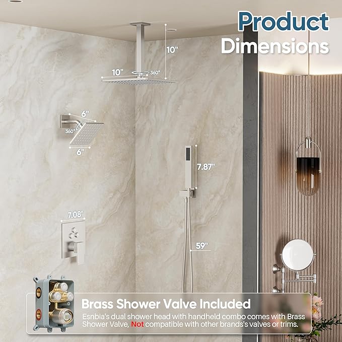 Nickel Shower System, Brushed Nickel Shower Faucet Set, 10'' Ceiling Shower Head, 6'' Wall Mounted Shower Head, 3 In 1 Push Button Shower Valve Kit, Waterfall ShowerHead with Handheld, Brushed Nickel