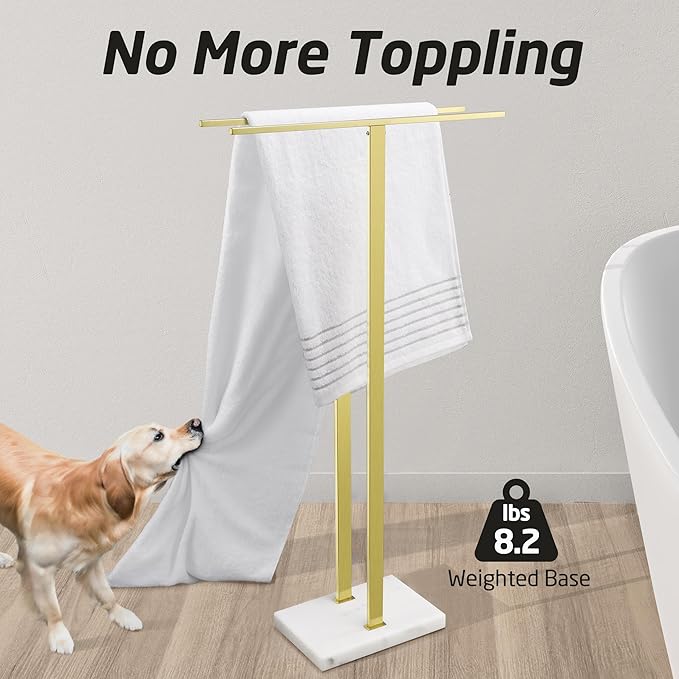 KES Standing Towel Rack with Marble Base, 37" H (Equal Height) Gold Towel Rack for Bathroom Floor, Towel Rack Stand Fits Large Bath Towel, 18/8 Stainless Steel, BTH229-BZ