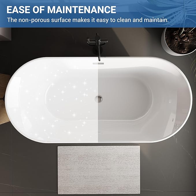 Freestanding Bath Tub 59 Inch Acrylic Oval Soaking Tub – Extra Large Freestanding Bathtub for Modern Bathroom Remodel, Stand Alone Soaking Tub for 1–2 People, Integrated Overflow, Glossy White Finish