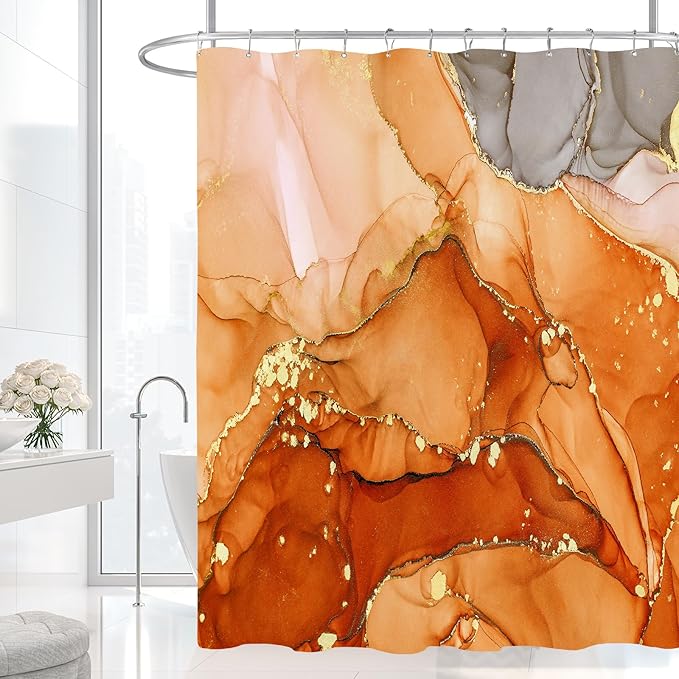 Orange Marble Shower Curtain, Burnt Orange Modern Abstract Fabric Shower Curtains for Bathroom, Luxury Art Ink Texture Watercolor Shower Curtain Set with Hooks 72x72