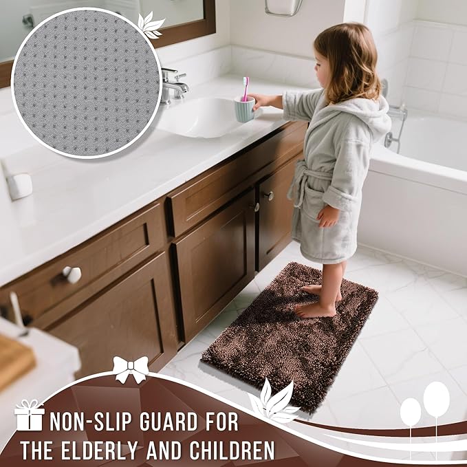 Yimobra Chenille Bathroom Rugs Non Slip, Extra Thick Soft Absorbent Bath Rug, Machine Washable Quick Dry Bath Mat for Bathroom Floor, Tub and Shower, Home Decor Accessories, 24x17, Brown