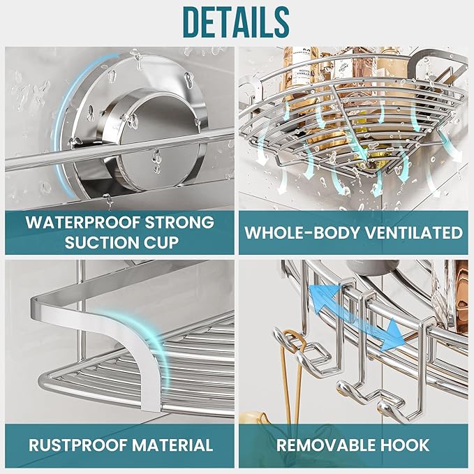 TAILI 2 Pack Powerful Suction Cup Corner Shower Caddy, Stainless Steel Rustproof Shower Shelf with Hook, Drill-Free Wall Mounted Basket, Large Capacity Removable Suction Cup Bathroom Organizer, Silver