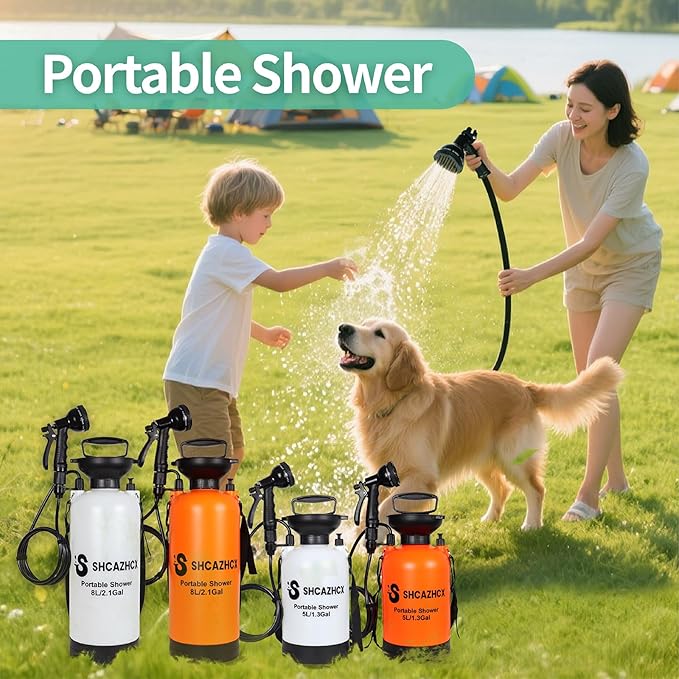 2.1 Gallon/8L Portable Shower, 10 Spray Modes, No Power Needed, Insulated Sleeve Keeps Water Warm, Multi-Use Sprayer for Camping, Beach & Surfing, Fishing, Hiking, Road Trips, Orange