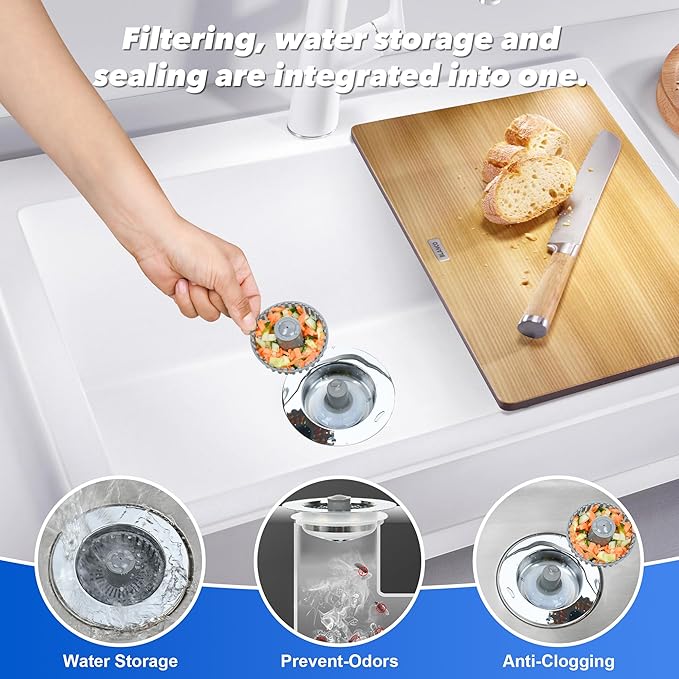 Elegant Brass Kitchen Sink Stopper with 3-in-1 Function - Easy-Clean Bounce core Strainer, Perfect for Standard Sink Drain, Durable Kitchen Sink Drain Strainer（Silver）
