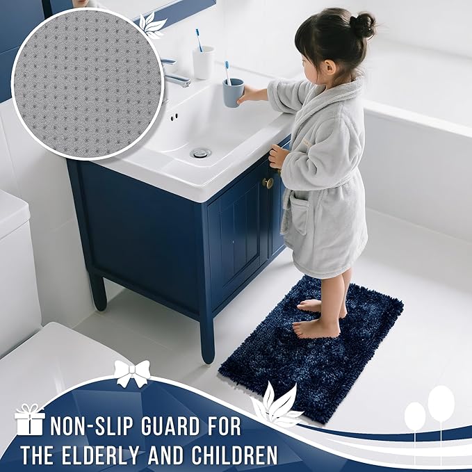 Yimobra Long Bathroom Rugs Runner 55x24 Inch, Extra Thick Soft Absorbent Chenille Bath Mat, Non Slip Machine Washable, Quick Dry Bath Rugs for Bathroom Floor, Tub and Shower, Navy Blue