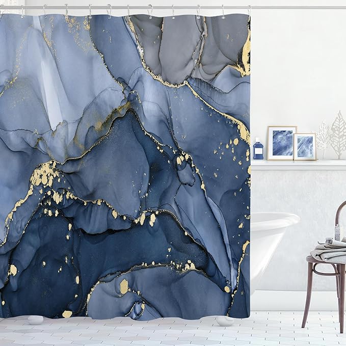 Extra Long Shower Curtain 72 x 84 Inch, Navy Blue Tall Abstract Marble Shower Curtains for Bathroom, Modern Luxury Art Decor Ink Texture Fabric Shower Curtain Set with Hooks