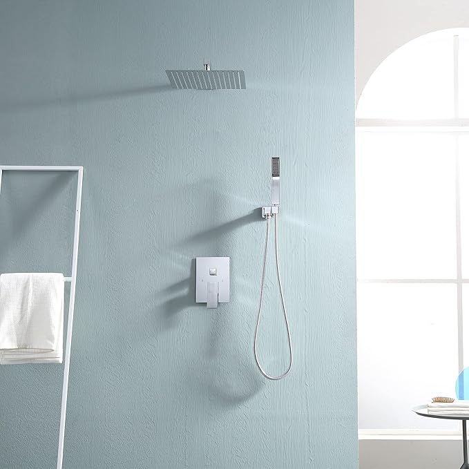 Lordear 10 Inch Shower Head Faucet Wall Mounted Chrome Polished Rainfall Shower System Set Stainless Steel Showerhead with Handheld Combo, Brass Valve Included