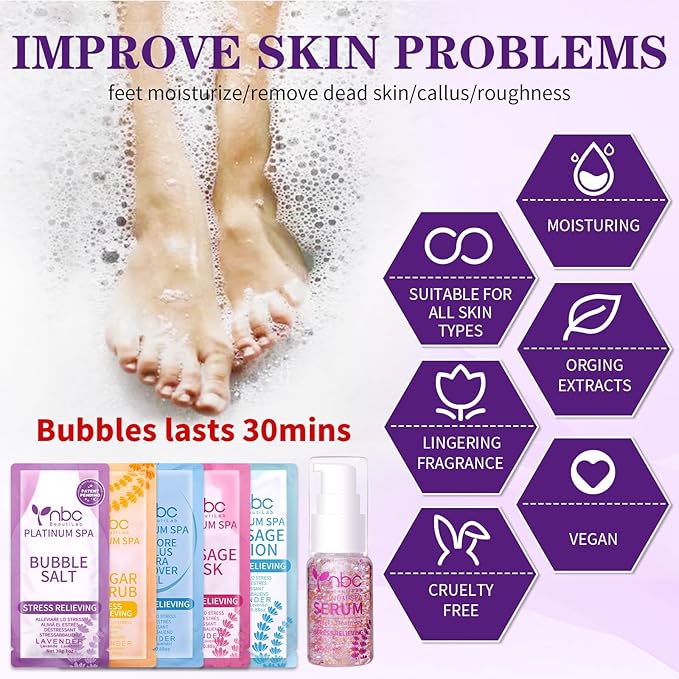 Pedicure Foot Soak Set - Upgraded 6 in 1 Foot Spa, Foot Bath Spa, Pedicure Kit for Tired & Dry Cracked Feet, Athletes Feet, Bad Odor, Softens Calluses (3 Set Lavender)