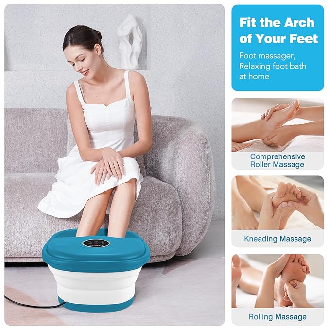 KNQZE Collapsible Foot Spa with Heat, Remote Control, Temperature Control, Bubbles, Pumice Stone, Red Light, Timer, 16 Massage Roller Pedicure Foot Bath Tub Foot Soaker for Relaxation & Stress Relief