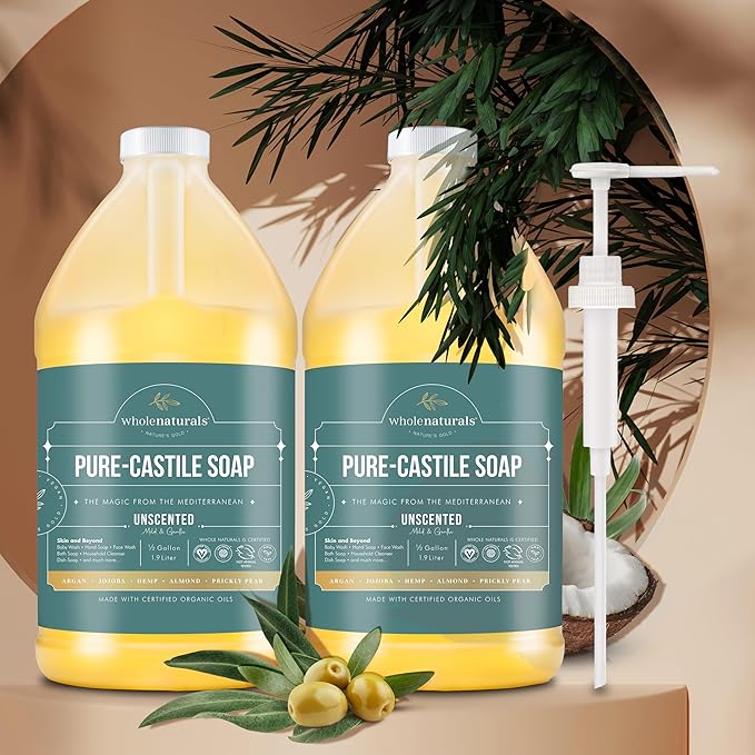 WHOLENATURALS Pure Castile Soap Liquid, EWG Verified & Certified Palm Oil Free Unscented, Natural, Mild & Gentle Non-gmo & Vegan - Organic Body Wash, Laundry, Pet/Dog and Baby Soap -Pack of 2 w/pump