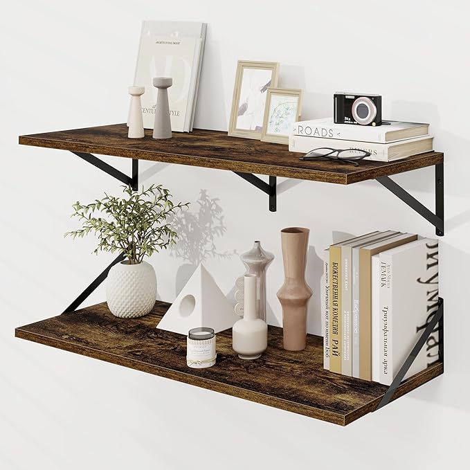 Dreamland Deep Floating Shelves for Wall, Brown Wood Wall Mounted Shelves, Large Floating Shelf 12 * 36 inch Set of 2 for Bookshelf Living Room Bedroom Home Office Bathroom