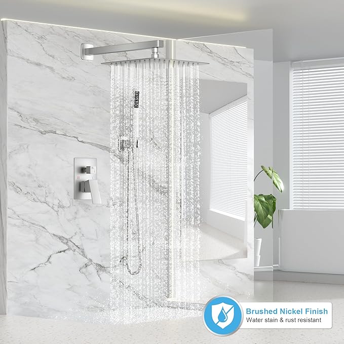 Shower Faucet Set Bathroom Square Rain Shower Head and Handle Set, Wall Mounted Shower Fixtures, Full Metal Trim Repair Kit 10 inch Brushed Nickel (With Shower Valve)