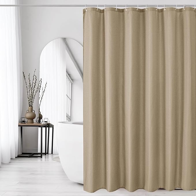 Gibelle Long Shower Curtain 72 x 78, Tall Waffle Weave Textured Fabric Shower Curtain for Bathroom, Water Repellent, Machine Washable, Beige