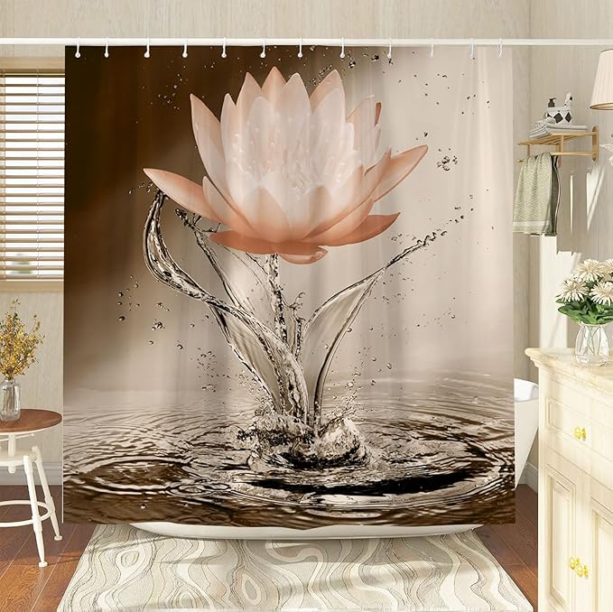 Lotus Shower Curtain Orange Flower Elegant Blooming Floral with Dew Spring Flower Reflection on Water Modern Romantic Polyester Fabric Bathroom Decor 70×78 Inch with Hook