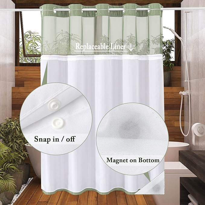 Gibelle Extra Long Shower Curtain 72x86, Waffle Weave Bathroom Shower Curtain with Snap-in Fabric Liner Set, No Hooks Needed, Hotel Style with Mesh Top Window, Sage Green