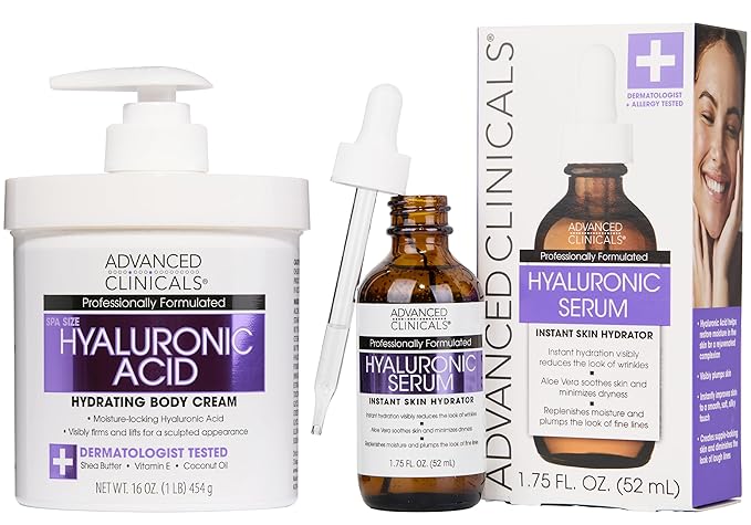 Advanced Clinicals Hyaluronic Acid Moisturizer Body Cream + Hyaluronic Acid Serum 2PC Skin Care Set | Face Serum & Body Lotion Help Diminish Appearance Of Wrinkles, Fine Lines, & Dry Skin, 2PC Bundle