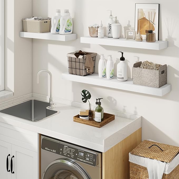 fuqing Floating Shelves for Wall, Wall Mounted Wood Floating Shelf with Invisible Brackets for Living Room, Bathroom, Bedroom, Kitchen Storage and Decor, 32 Inch Set of 2, White