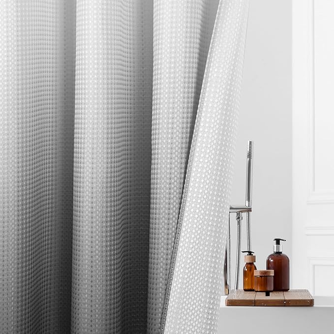 MitoVilla No Hooks Needed Extra Long Shower Curtain Liner Set, 86 inch XL Black Ombre Heavyweight Waffle Fabric Cloth Shower Curtains Set with Snap-in Liner for Modern Luxury Hotel Bathroom Decor
