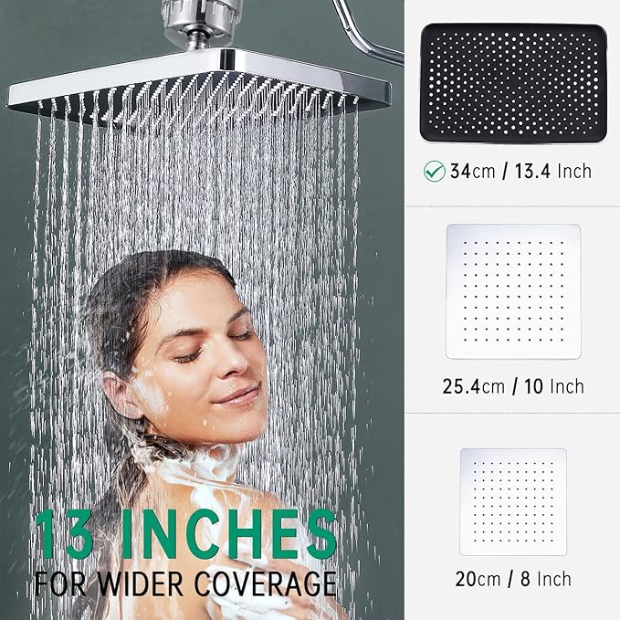 13 Inch Filtered Rainfall Shower Head with Multi-Function Handheld Sprayer Combo, 3-Way Metal Extended Diverter with Holder and Metal Adjustable Curved Shower Extension Arm, Extra Long Hose Chrome