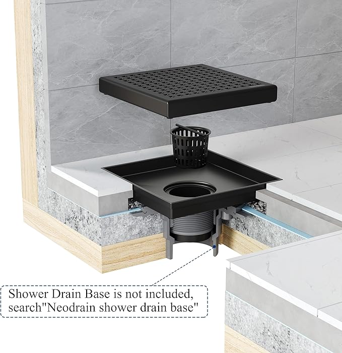 Neodrain 4 Inch Black Square Drain, 304 Stainless Steel Shower Drain Kits with PVC Base, Removable Cover Hair Catcher Strainer for Bathroom Floor Drain, Matte Black