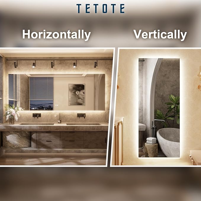 TETOTE 24 x 36 Inch LED Backlit Bathroom Mirror with Lights, 3Color White/Warm/Natural, Anti-Fog Lighted Mirror,Dimmable,Vanity Mirror,Wall Mounted