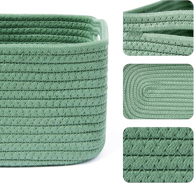 Small Storage Baskets for Organizing | Closet Organizer Bins | Shelf Toy Basket | Woven Rope Baskets | Cube Decorative Box | Shallow Basket | 13x8.5x5.1” | 3 Packs Green