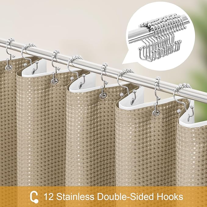 3 in 1 Stall Half Size Beige Shower Curtain Set-36 W x 72 H, Tan Waffle Waterproof Fabric and PEVA Liner Set with Stainless Steel Hooks