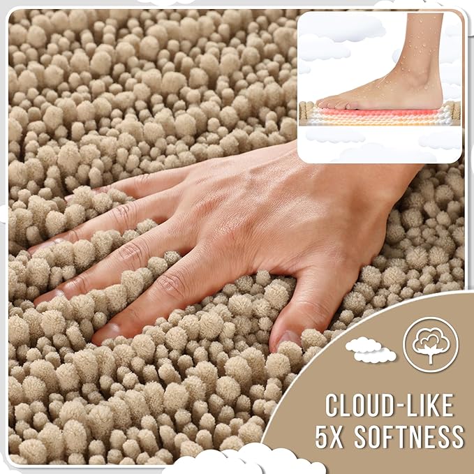 Yimobra Bathroom Rugs Non Slip Washable 24x17 Inch - Ultra Soft Absorbent Chenille Bath Mat, Quick Dry Shaggy Floor Carpet for Tub Shower, Camel Home Decor Accessories