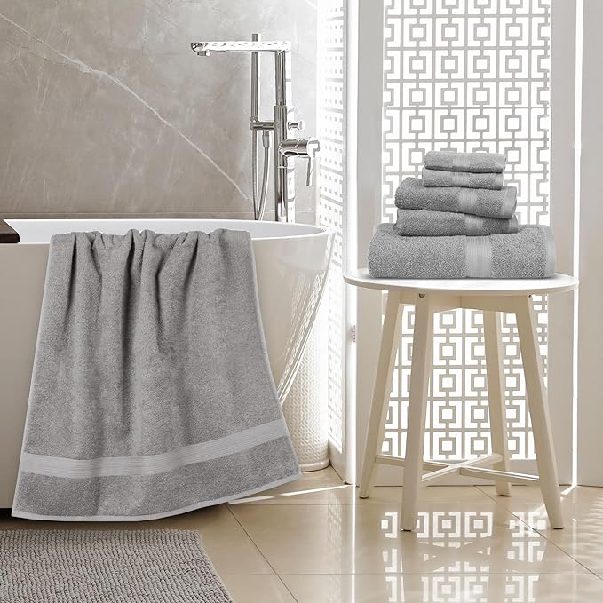 Amazon Basics 6 Piece Oversized Fade resistant Towel set, 100% Cotton towels for bathroom, soft and absorbent, 2 Bath Towels, 2 Hand Towels and 2 Washcloths bathroom towel set, Gray
