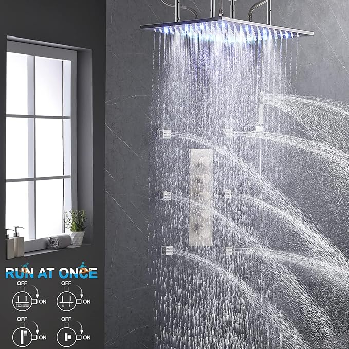 HOMEDEC Modern Solid Brass Concealed 4-Function Thermostatic Shower Diverter Mixer Valve Brushed Nickel, Can Run Simultaneously, Flows Can Be Controlled