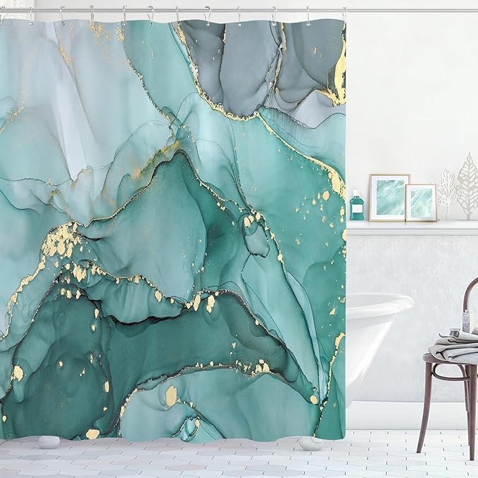 Turquoise Marble Shower Curtain, Teal Modern Abstract Fabric Shower Curtains for Bathroom, Luxury Art Ink Texture Watercolor Aqua Shower Curtain Set with Hooks 72x72