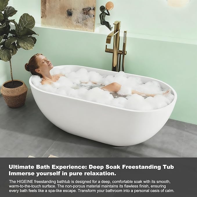 69" Premium Solid Surface Freestanding Bathtub, Oval Stone Resin Tub with Overflow and Pop-up Drain, Matte White
