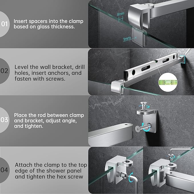 Frameless Shower Door Support Bar, Stainless Steel Wall-to-Glass Support Arm to Fixed Shower Glass Panel, for 1/4"-3/8" (6-10 mm) Door, 180° Pivot & Stow-Flat Mode (Brushed Nickel, 51.2-inch(1300mm))