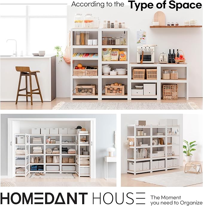 HOMEDANT House 5 Tier Laminated Metal Shelving Unit Adjustable Storage Utility Rack Heavy Duty Shelves Organization Multipurpose Shelf Kitchen Garage Pantry Closet (10, (S) 24.4" W, White)
