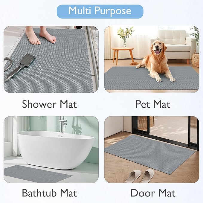 Extra Large Non-Slip Shower Mat, Fast-Dry PVC Bath Stall Tub Mat, Drain-Hole Design for Shower Stall Tub for Elderly/Kids, Non Slip Bath Mat Bathroom Safety Accessory, Gray 58"x32"