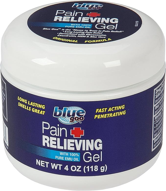 Blue Goo Pain Relieving Gel – Relief for Back, Neck, Muscle and Joint Pain, Fast-Acting Cooling and Soothing Relief with 100% Pure Emu Oil, 4 oz (1 Pack)