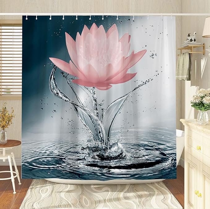 Lotus Shower Curtain Black White Blue Red Flower Elegant Blooming Floral with Dew Spring Flower Reflection on Water Modern Romantic Polyester Fabric Bathroom Decor 86×70 Inch with Hook